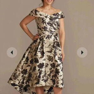 NWT Oleg Cassini metallic brocade off-the-shoulder high-low gown with pockets